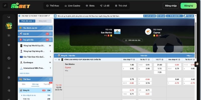 86Bet cập nhật tỷ lệ kèo theo thời gian thực